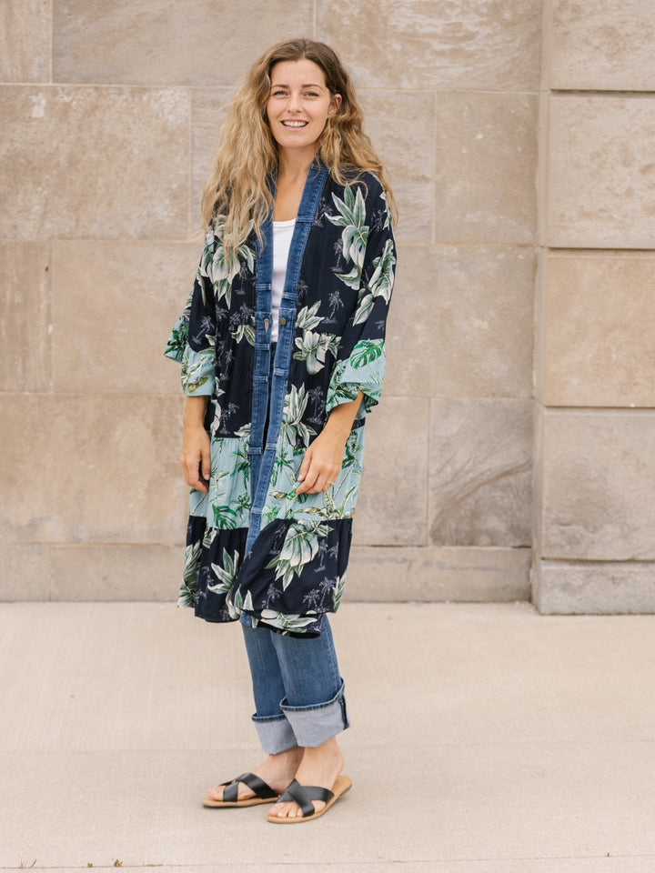 Ying Coastal Print Mix Denim Detail Kimono Cardigan