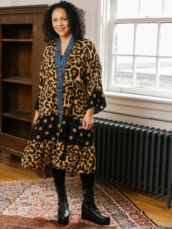 Ying Leopard Mix Denim Detail Duster Cardigan