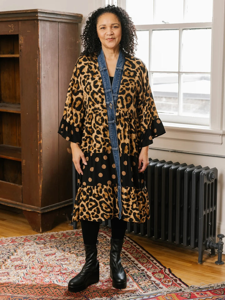 Ying Leopard Mix Denim Detail Duster Cardigan