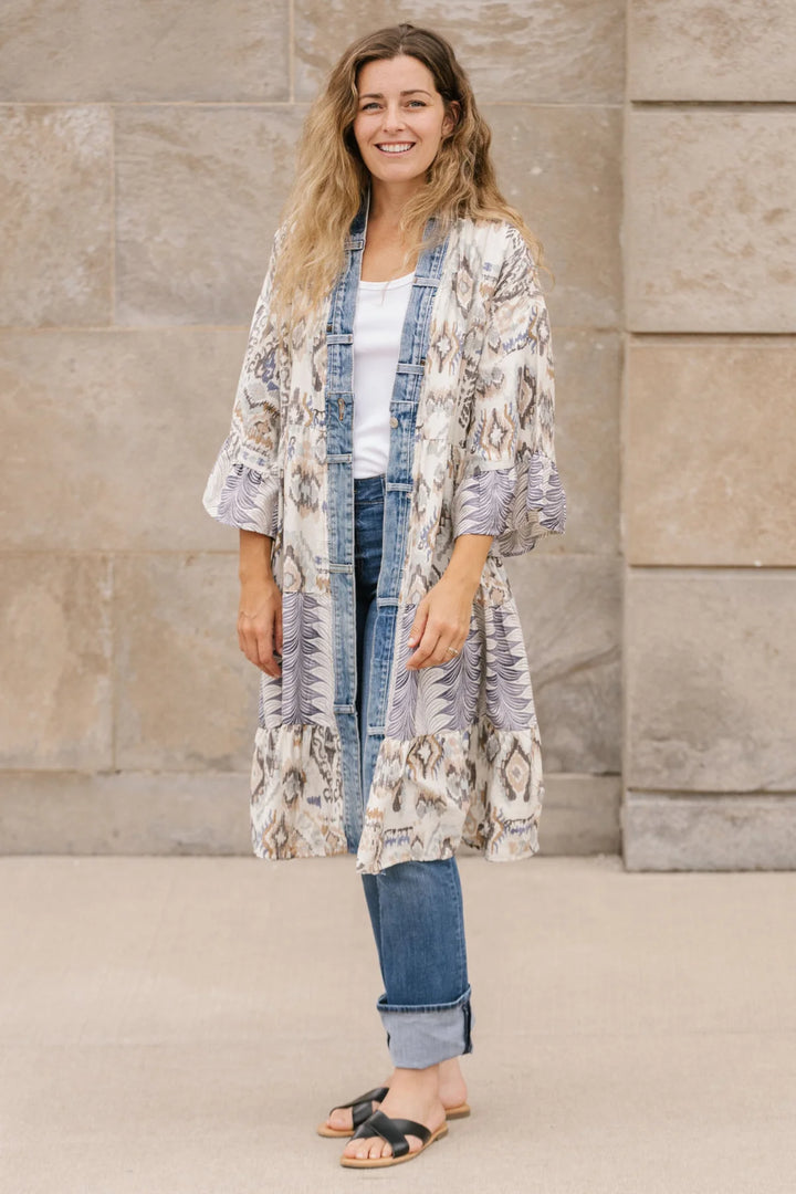 Ying Petal Print Denim Detail Kimono Cardigan