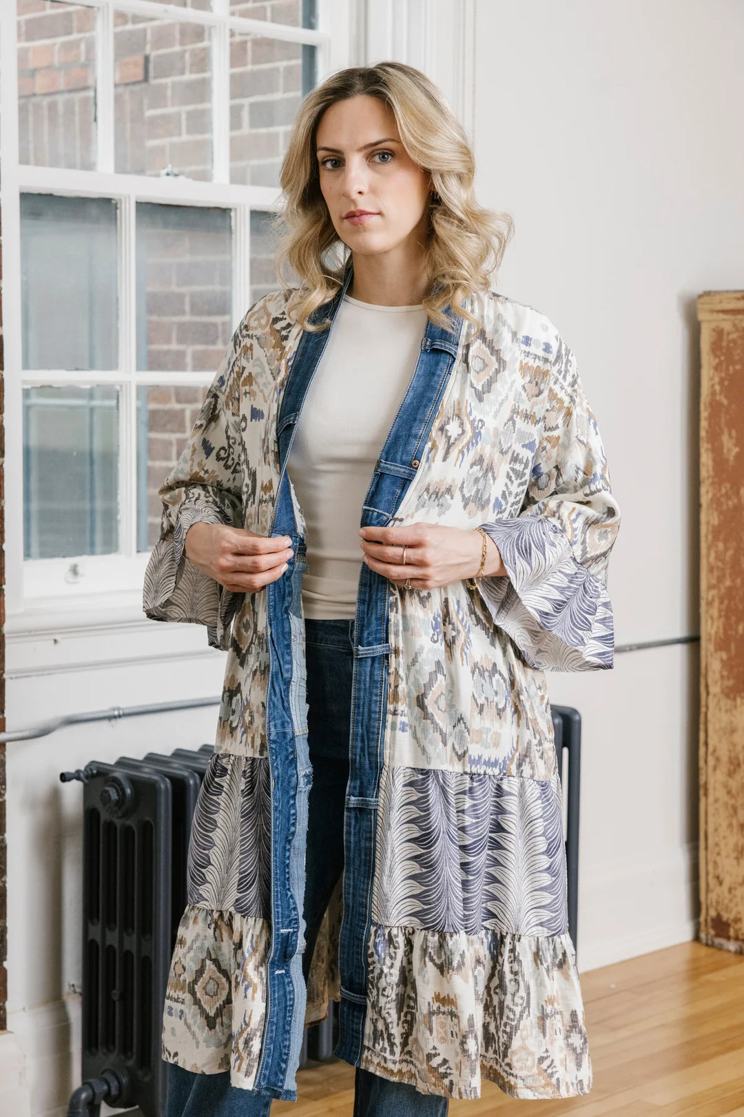 Ying Petal Print Denim Detail Kimono Cardigan