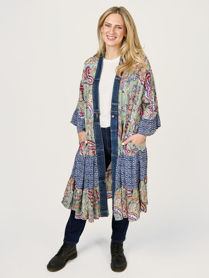 Ying Sage Mix Denim Detail Duster Cardigan