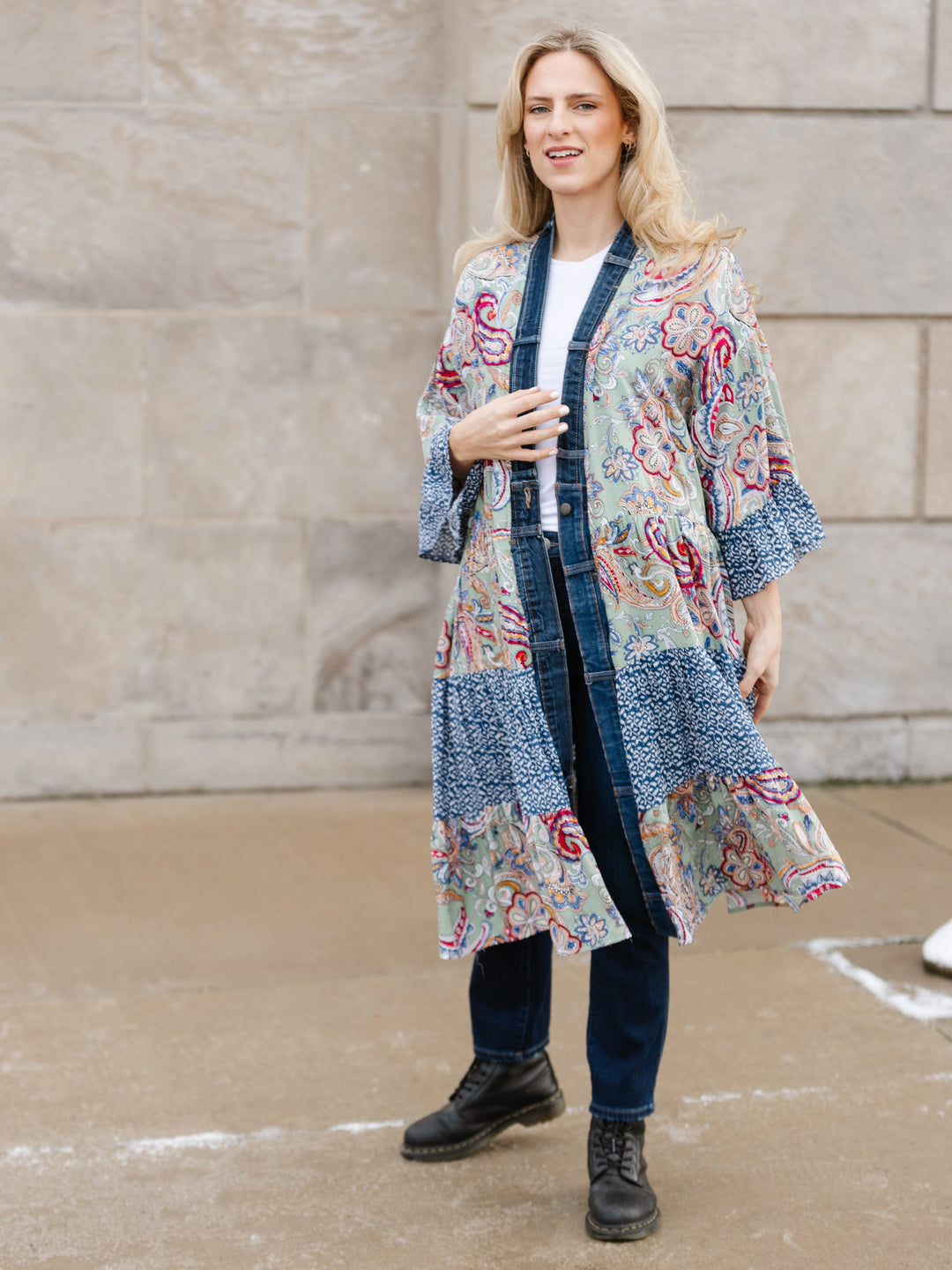 Ying Sage Mix Denim Detail Duster Cardigan