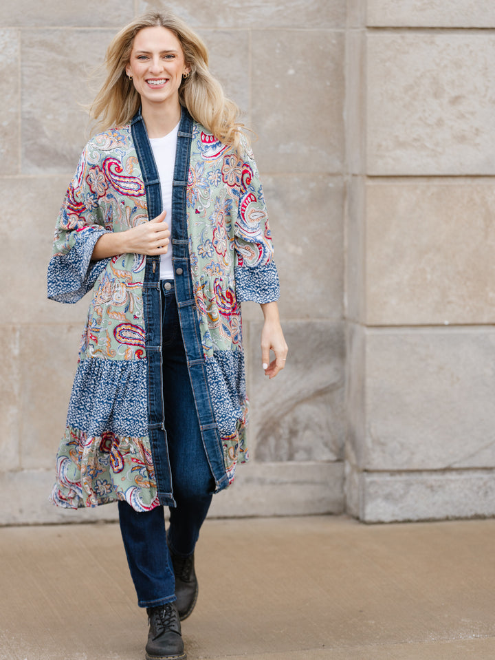 Ying Sage Mix Denim Detail Duster Cardigan