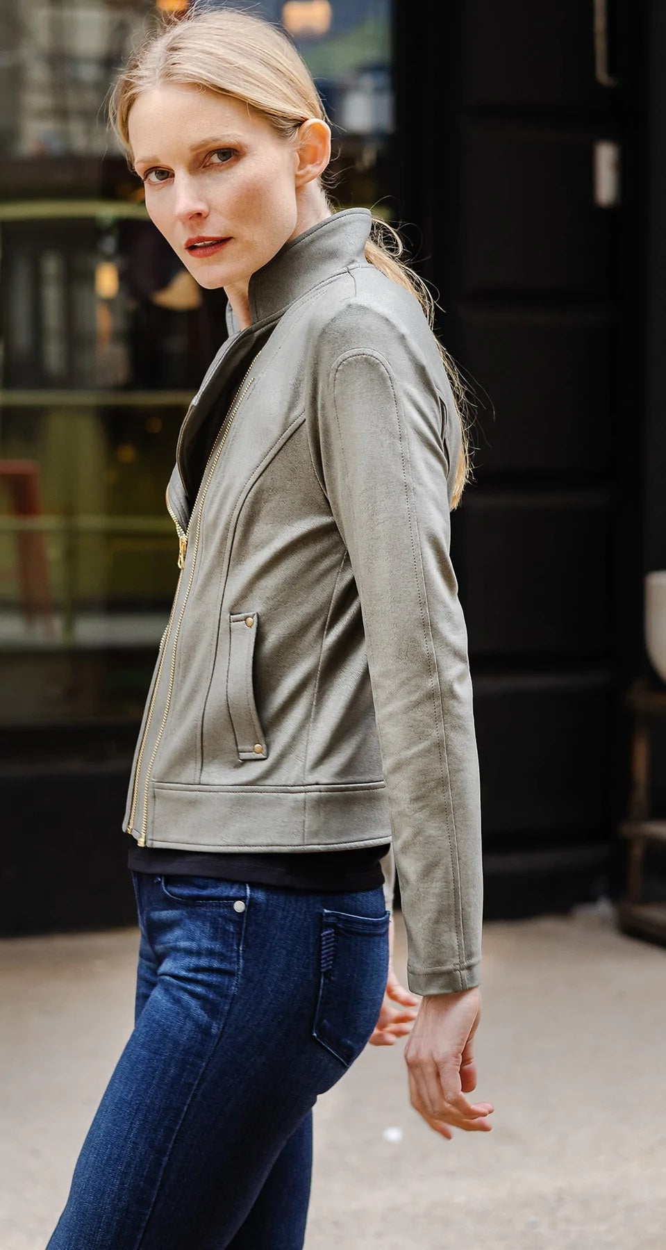Double Zip Detail Liquid Leather Jacket