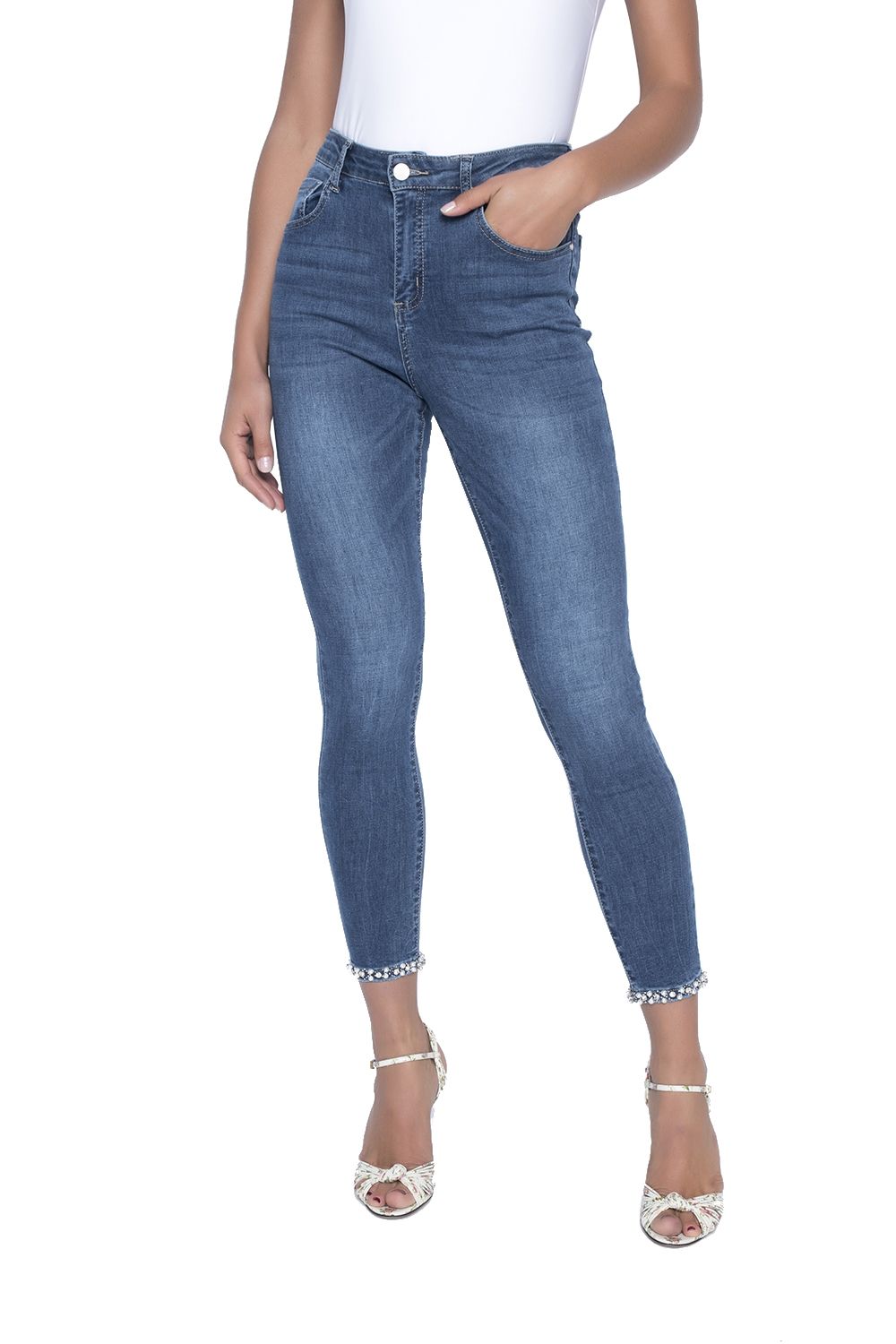 Frank Lyman Pearl Bow Embellished Jean front